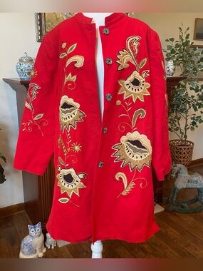 Indigo Moon • NWT Vintage 90s Red Embroidered Boho Floral Jacket • Size L